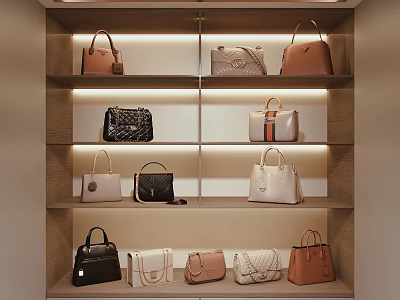 Stylish Luxury Handbags Displayed on Wooden Shelves With Various Colors Different Styles and Soft Lighting 3d model