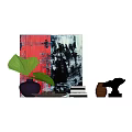 Decorative Ornament Set With Abstract Painting Green Fan Purple Vase Stacked Books And Black Sculpture