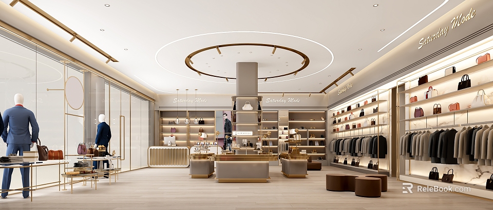 Modern Clothing Store Interior With Fashion Apparel Display Shelves Shoes And Bags 3d model 