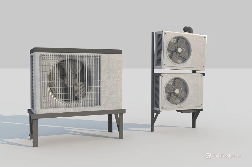 Two Different Industrial Air Conditioner Fans With Stands And Metal Grilles 3d model 