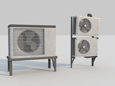 Two Different Industrial Air Conditioner Fans With Stands And Metal Grilles 3d model