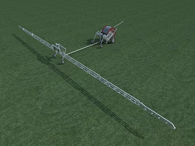 Agricultural Sprayer With Extended Metal Arms Mounted On Trailer Operating On Green Grassland 3d model