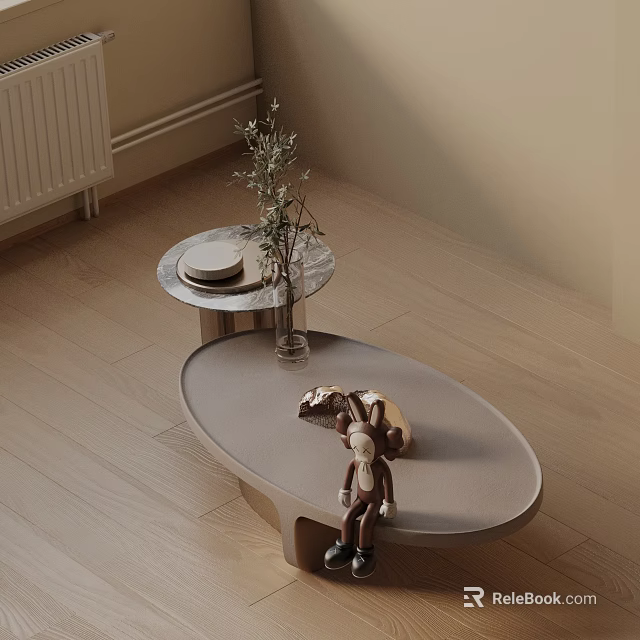 Modern Sofa and Coffee Table Set with Oval Design and Vase Plant on Wooden Floor 3d model 