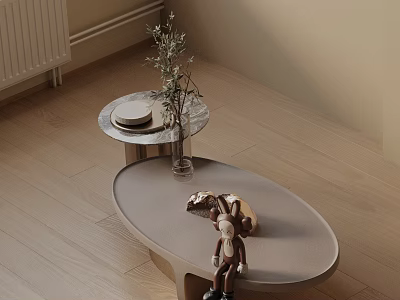 Modern Sofa and Coffee Table Set with Oval Design and Vase Plant on Wooden Floor 3d model