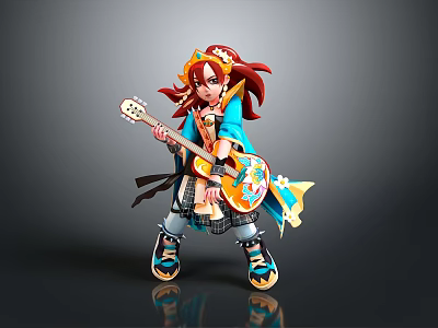 Colorful Anime Girl Holding Decorative Guitar With Red Hair And Blue Outfit 3d model