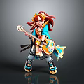 Colorful Anime Girl Holding Decorative Guitar With Red Hair And Blue Outfit