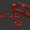 Colorful Cartoon Kitchen Scene With Round Tables Chairs Cabinets Red Refrigerator And Dishes