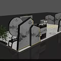 Modern Exhibition Reception Desk With Marble Countertop Landscape Painting And Green Plant Decor