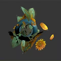 Teal And Brown Vase With Sunflowers And Fallen Petals On Gray Background