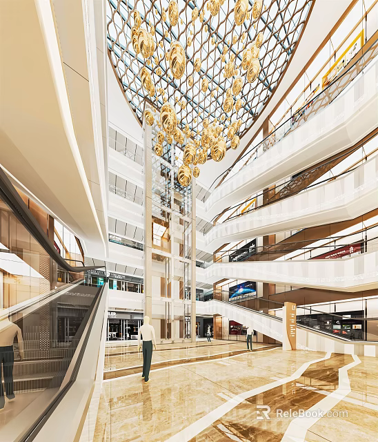 Modern Multi Level Shopping Mall Lobby With Golden Chandeliers Escalators And Glass Ceiling 3d model 