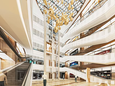 Modern Multi Level Shopping Mall Lobby With Golden Chandeliers Escalators And Glass Ceiling 3d model