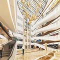 Modern Multi Level Shopping Mall Lobby With Golden Chandeliers Escalators And Glass Ceiling