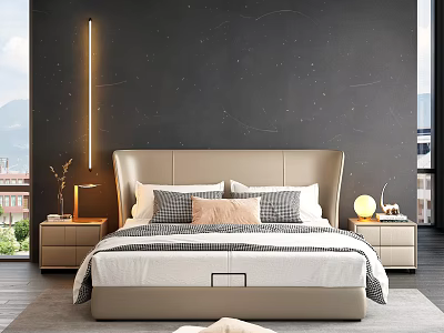 Modern Double Bed Interior With Beige Headboard Pillows Nightstands And Dark Wall Light Strip 3d model