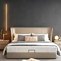 Modern Double Bed Interior With Beige Headboard Pillows Nightstands And Dark Wall Light Strip