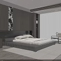 Modern Bedroom Interior With Leather Platform Bed Dark Wooden Wall And Floor to Ceiling Window