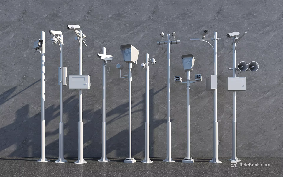 Roadside Infrastructure Setup with Surveillance Cameras Street Lights and Signal Devices on White Poles 3d model 