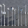 Roadside Infrastructure Setup with Surveillance Cameras Street Lights and Signal Devices on White Poles