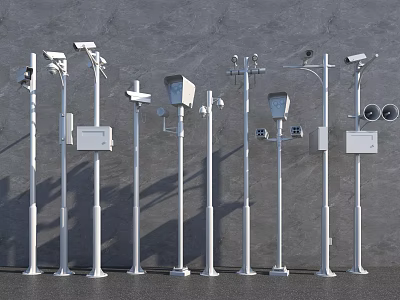Roadside Infrastructure Setup with Surveillance Cameras Street Lights and Signal Devices on White Poles 3d model