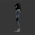 Futuristic Sci Fi Game Movie Character Wearing Blue Black Armored Outfit Helmet And Silver Boots