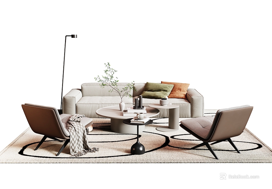 Modern Sofa Coffee Table Set With Brown Accent Chairs Colorful Pillows Round Rug And Plant 3d model 
