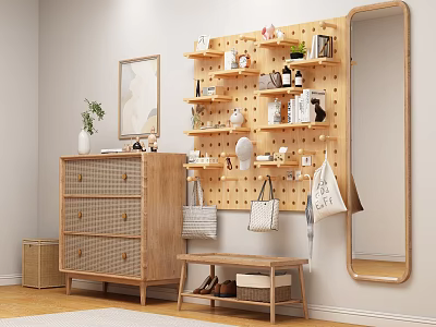Stylish Wooden Pegboard Shelf With Hanging Bags Decorative Items Drawer Cabinet And Small Bench 3d model