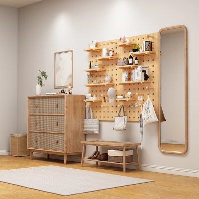 Stylish Wooden Pegboard Shelf With Hanging Bags Decorative Items Drawer Cabinet And Small Bench 3d model
