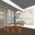 Chinese Style Piano Room Interior With Wooden Flooring And Landscape Painting