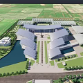 Modern Museum Building with Unique Curved Roofs Surrounded by Green Spaces and Water Body