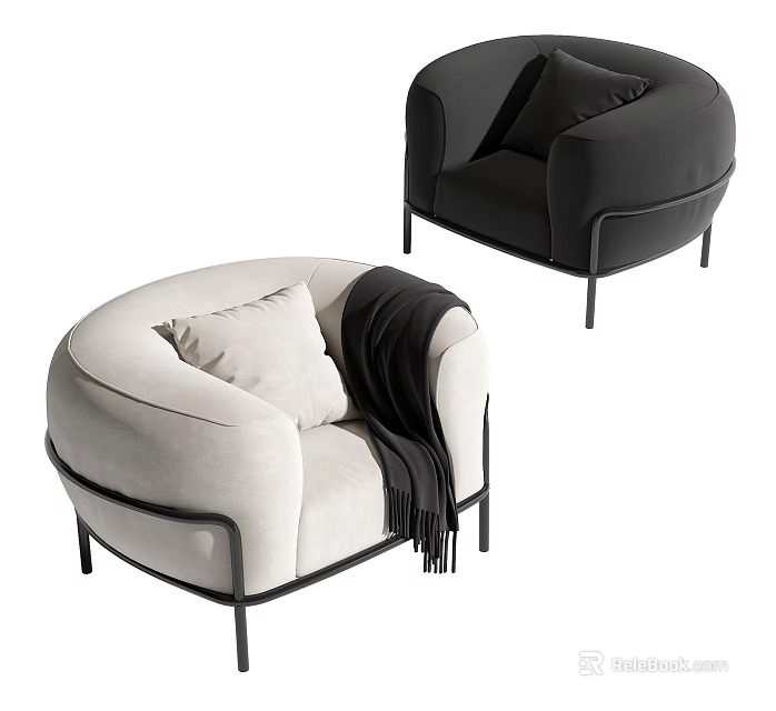 Stylish Modern Single Sofa in Beige and Black with Pillow and Soft Throw Blanket Design 3d model 