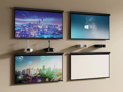 Projection Monitoring Setup With Multiple Screens And Projector Devices For Office Use 3d model