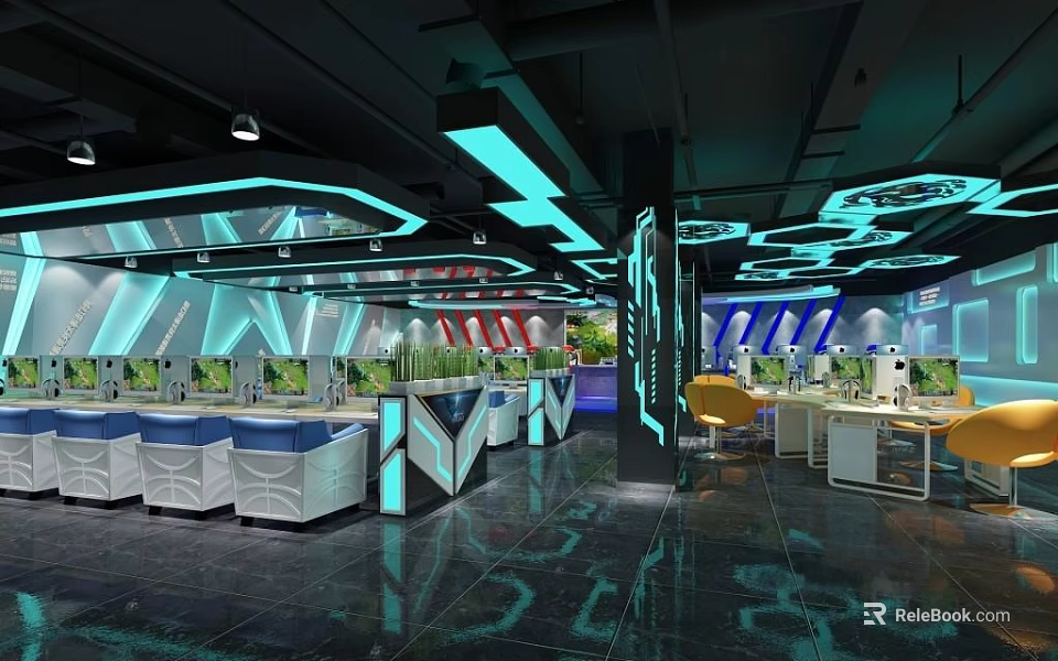 Modern Internet Cafe Interior With High Speed Computers Comfortable Seats And LED Lighting 3d model 