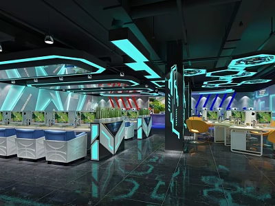 Modern Internet Cafe Interior With High Speed Computers Comfortable Seats And LED Lighting 3d model