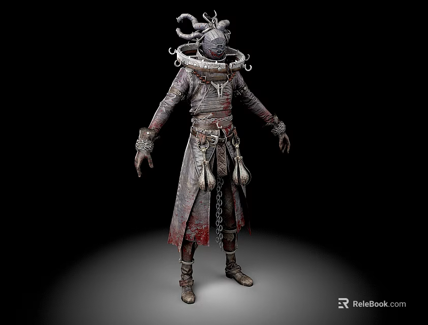Man in Distressed Ornate Costume With Tentacle Headpiece Metal Chains and Dark Fantasy Design 3d model 