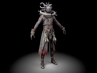 Man in Distressed Ornate Costume With Tentacle Headpiece Metal Chains and Dark Fantasy Design 3d model
