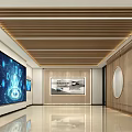 Modern Tech Exhibition Hall With Large Display Screen Tech Icons And Wooden Ceiling Lighting