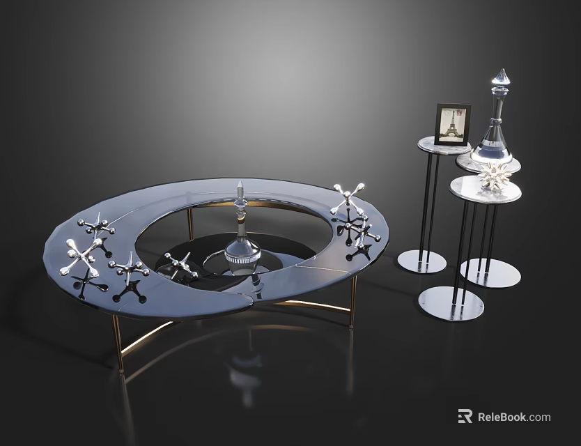 Modern Glass Top Coffee Table With Metal Legs And Decorative Side Tables 3d model 