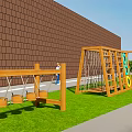Wooden Playground Equipment With Triangular Roof Slide Climbing Net Colorful Dots On Green Grass