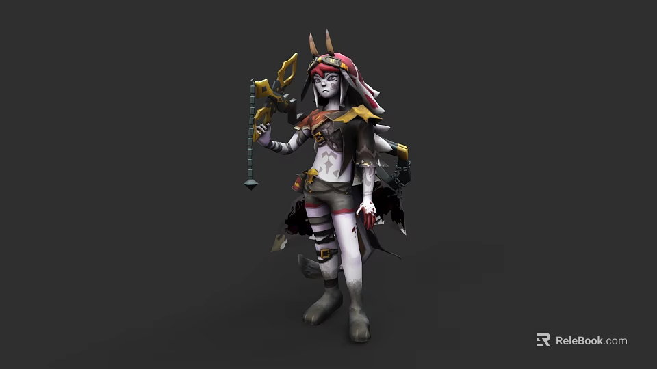 Fantasy Warrior Character With Beast Horns And Ornate Staff In Tribal Attire 3d model 