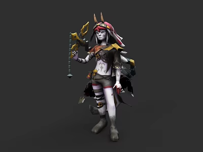 Fantasy Warrior Character With Beast Horns And Ornate Staff In Tribal Attire 3d model