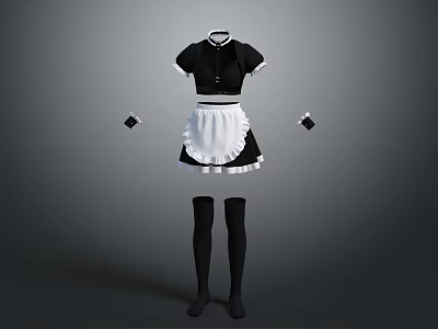 Classic Maid Costume With Black Short Sleeve Top White Apron Black Stockings And Accessories 3d model