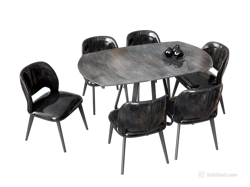 Stylish Black Dining Table Set With Oval Tabletop And Six Leather Chairs Metal Legs 3d model 
