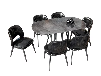 Stylish Black Dining Table Set With Oval Tabletop And Six Leather Chairs Metal Legs 3d model