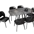 Stylish Black Dining Table Set With Oval Tabletop And Six Leather Chairs Metal Legs