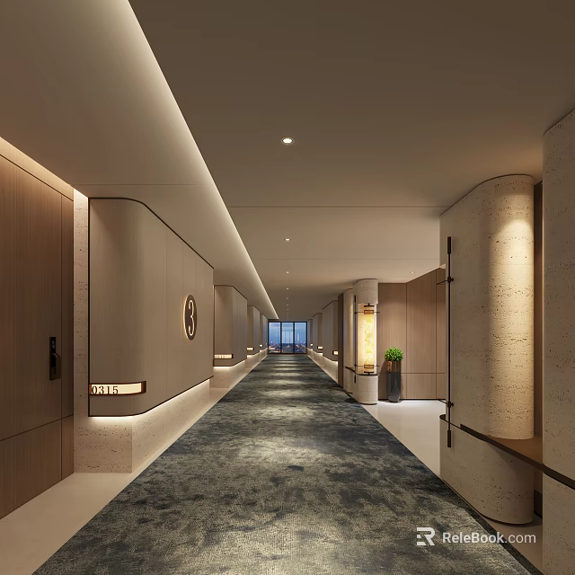 Modern Long Hotel Corridor Interior With Wooden Walls Columns Circular Decor And Carpet 3d model 