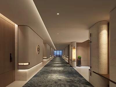 Modern Long Hotel Corridor Interior With Wooden Walls Columns Circular Decor And Carpet 3d model
