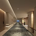 Modern Long Hotel Corridor Interior With Wooden Walls Columns Circular Decor And Carpet