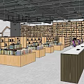 Book Store Interior With Circular Bookshelves And Wall Signs Filled With Books And Wooden Decor 3d model