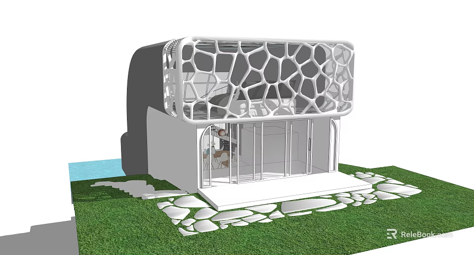 Modern Detached Villa With Honeycomb Exterior Glass Door Entrance And Lawn Stone Path 3d model 