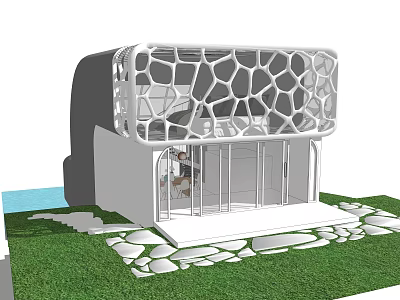 Modern Detached Villa With Honeycomb Exterior Glass Door Entrance And Lawn Stone Path 3d model
