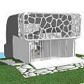 Modern Detached Villa With Honeycomb Exterior Glass Door Entrance And Lawn Stone Path